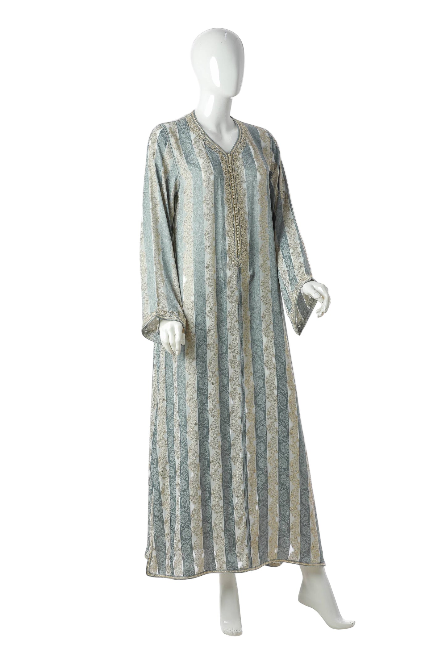 Traditional Green Moroccan Kaftan – Jawhara Silk Brocade with Handcrafted Silver Embroidery, Full-Length Elegant Design | قفطان مغربي تقليدي جوهرة أخضر من بروكار الحرير بتطريز فضي يدوي وتصميم أنيق بطول كامل