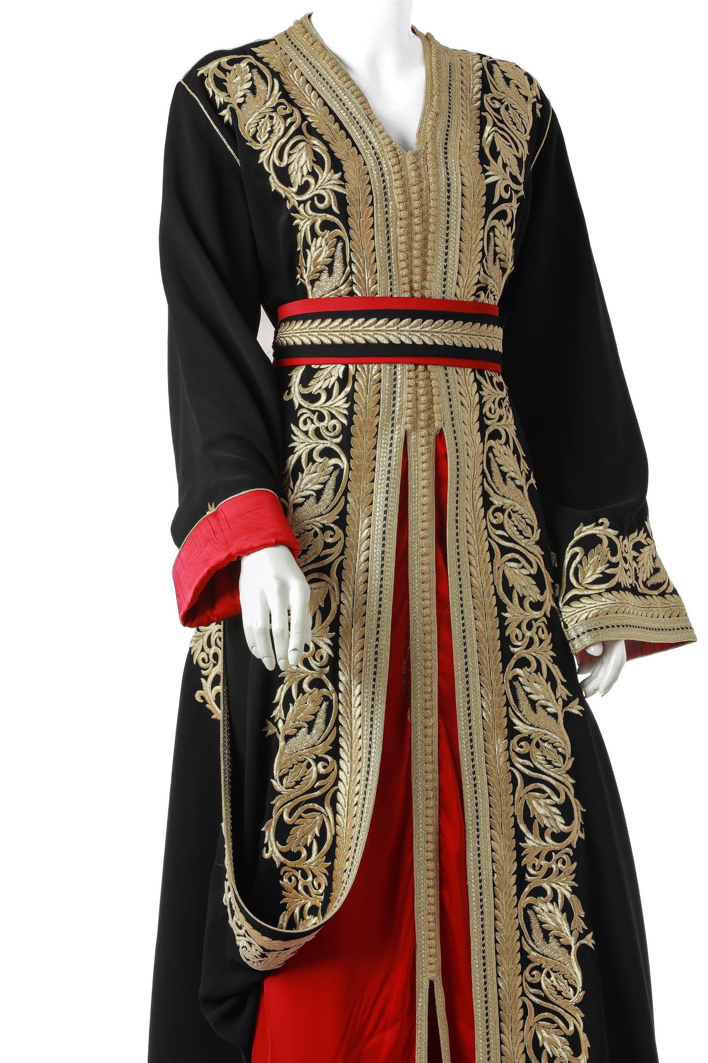 Elegant Yaqut Marrakesh Moroccan Kaftan in Black Silk Crepe with Gold Embroidery and Crimson Under-Kaftan – Luxury Women’s Dress Showing Flowing Silhouette | قفطان مغربي أنيق ياقوت مراكش من حرير كريب أسود بتطريز ذهبي وقفطان داخلي قرمزي – فستان نسائي فاخر يظهر التصميم المتدفق