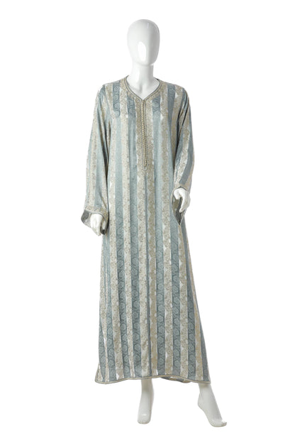 Luxury Green Moroccan Kaftan for Women – Jawhara Design in Silk Brocade with Silver Embroidered Neckline | قفطان مغربي فاخر أخضر للنساء بتصميم جوهرة من بروكار الحرير وياقة مطرزة باللون الفضي