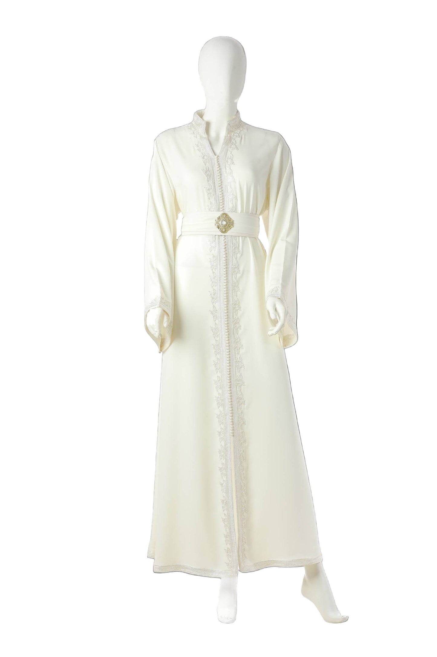Atlas Musk Moroccan Kaftan in White Silk Crepe with Delicate Silk Trim and Four-Thread Moroccan Embroidery – Elegant Luxury Dress for Women | قفطان مغربي أطلس مسك باللون الأبيض من حرير كريب مع حواف دقيقة وتطريز مغربي بأربعة خيوط – فستان نسائي فاخر وأنيق