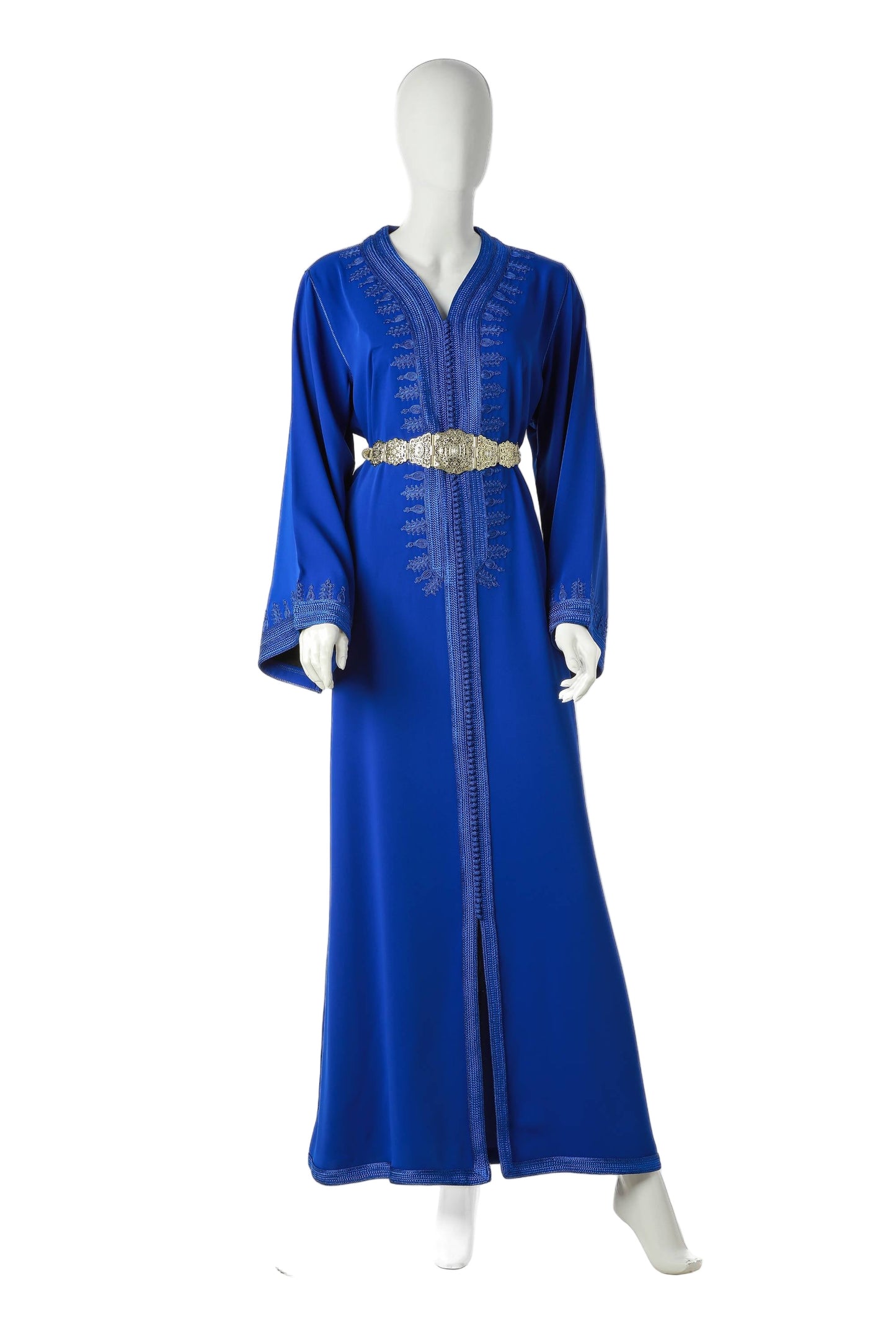 Mediterranean Sapphire Moroccan Kaftan in Royal Blue Silk Crepe with Fine Four-Thread Moroccan Embroidery – Elegant Luxury Dress for Women | قفطان مغربي البحر الأبيض المتوسط الياقوتي باللون أزرق ملكي من حرير كريب مع تطريز مغربي دقيق بأربعة خيوط – فستان نسائي فاخر وأنيق