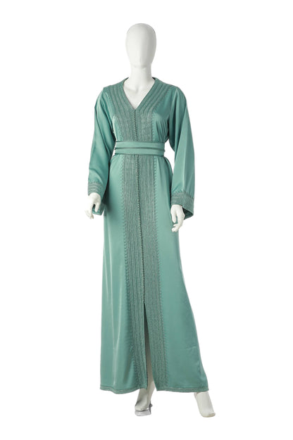 Sahel Jawhar Moroccan Kaftan in Sage Teal Silk Drape with Fine Moroccan Embroidery – Elegant Luxury Dress for Women | قفطان مغربي ساحل جوهر باللون أخضر باهت من حرير دراب مع تطريز مغربي دقيق – فستان نسائي فاخر وأنيق