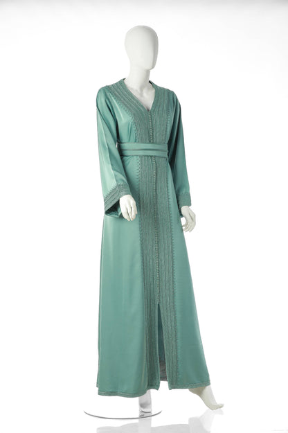 Sahel Jawhar Moroccan Kaftan in Sage Teal Silk Drape with Fine Moroccan Embroidery – Majestic Luxury Dress for Women with Refined Elegance | قفطان مغربي ساحل جوهر باللون أخضر باهت من حرير دراب مع تطريز مغربي دقيق – فستان نسائي فاخر مهيب يتميز بالأناقة الراقية