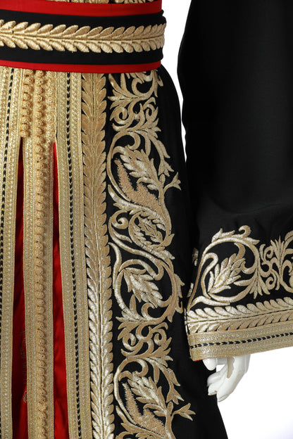 Detailed Yaqut Marrakesh Moroccan Kaftan in Black Silk Crepe with Gold Embroidery and Crimson Under-Kaftan – Luxury Women’s Dress Highlighting Sleeve, Waist, and Flowing Skirt Design | قفطان مغربي مفصل ياقوت مراكش من حرير كريب أسود بتطريز ذهبي وقفطان داخلي قرمزي – فستان نسائي فاخر يبرز تفاصيل الأكمام والخصر وتنورة متدفقة