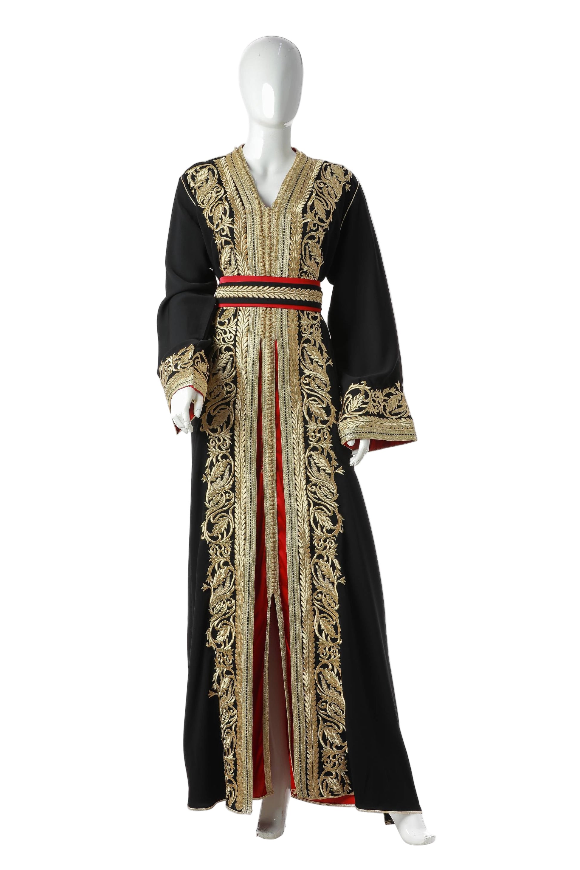 Yaqut Marrakesh Moroccan Kaftan in Black Silk Crepe with Gold Embroidery and Crimson Accents – Elegant Luxury Dress for Women Inspired by Moroccan Tradition | قفطان مغربي ياقوت مراكش من حرير كريب أسود بتطريز ذهبي ولمسات قرمزية – فستان نسائي فاخر وأنيق مستوحى من التراث المغربي