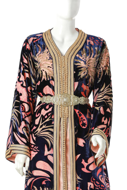 Detailed Zahra Royal Moroccan Kaftan in Midnight Blue Silk Velvet with Silver Trim and Blush-Coral Accents – Luxury Women’s Dress Highlighting Sleeve, Neckline, and Waist Design | قفطان مغربي مفصل زهراء رويال باللون أزرق منتصف الليل من حرير مخملي مع حواف فضية ولمسات بلش ومرجانية – فستان نسائي فاخر يبرز تفاصيل الأكمام والياقة والخصر